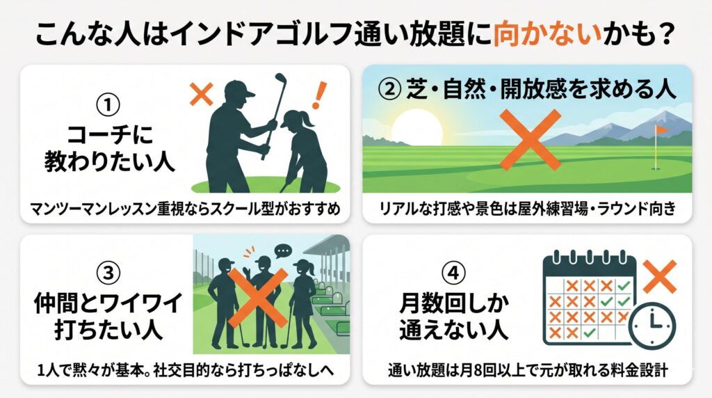 インドアゴルフ通い放題に向かない人の4タイプ（コーチ重視・自然派・社交派・月数回利用）