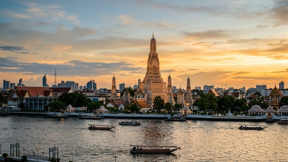 タイ・バンコク近郊のゴルフエリアイメージ（ワットアルンとチャオプラヤー川の夕景）