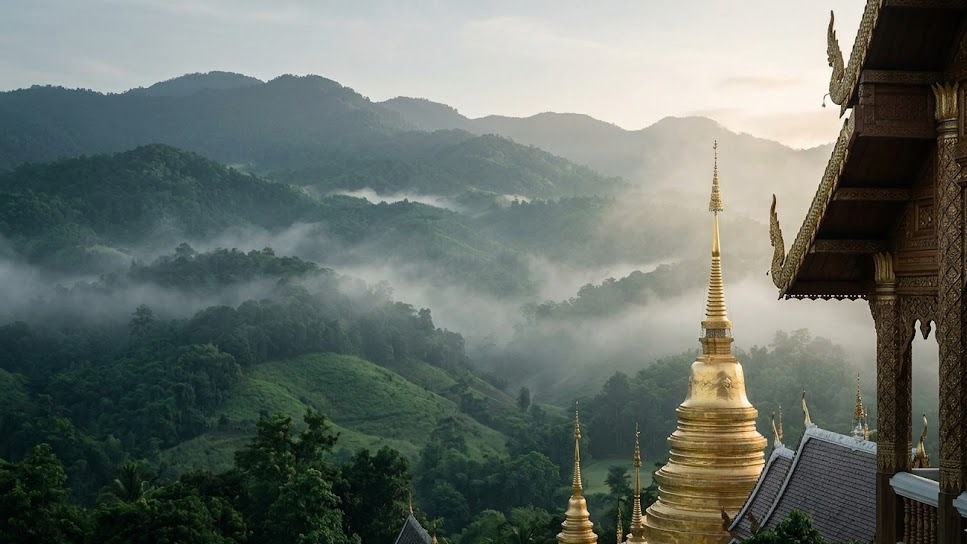 タイ・チェンマイのゴルフ高原リゾートエリアイメージ（北部タイの朝霧と寺院）
