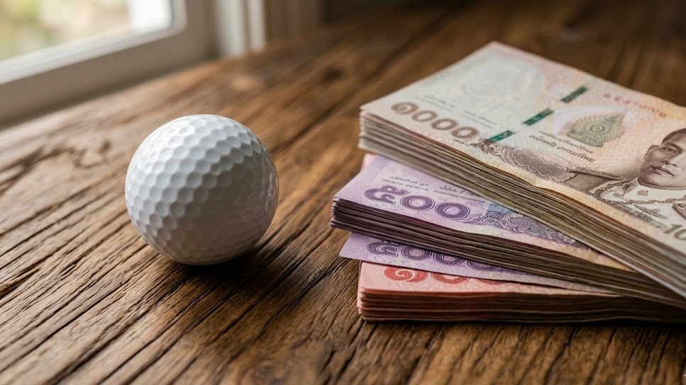 タイバーツ紙幣の束の横に置かれた白いゴルフボール（タイゴルフの料金相場イメージ）