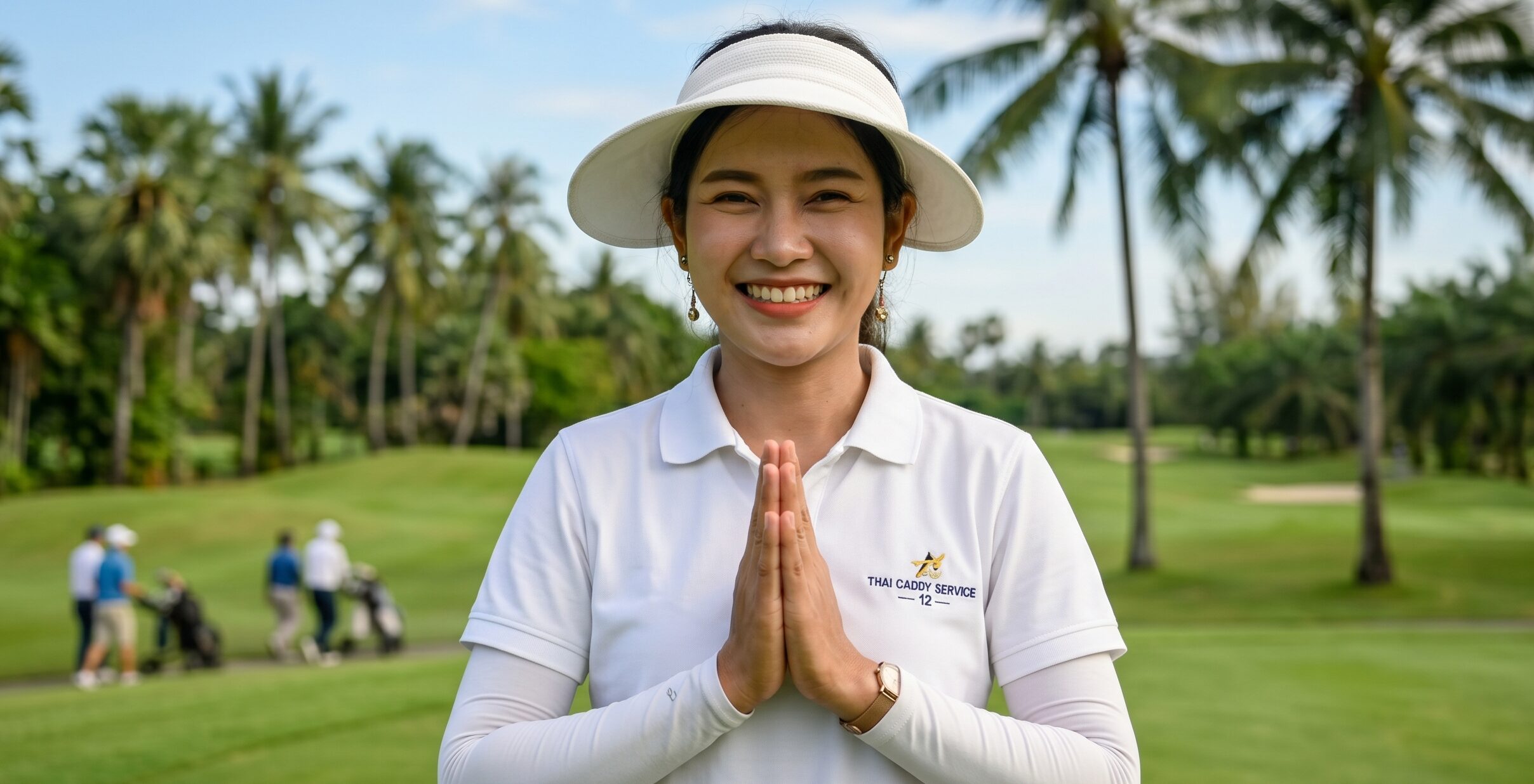タイのゴルフ場で両手を合わせてお礼する女性キャディ