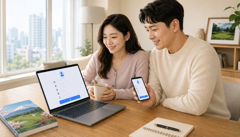 한국인 부부가 집에서 일본 골프 여행을 계획하며 PC와 스마트폰으로 라쿠텐 ID 무료 가입
