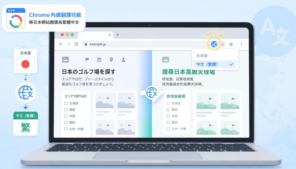 使用Chrome瀏覽器內建翻譯功能將日本高爾夫球場網站翻譯為繁體中文