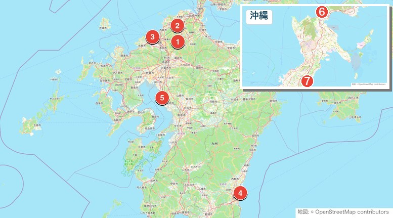 九州・沖縄でナイターゴルフができる7コースの地図