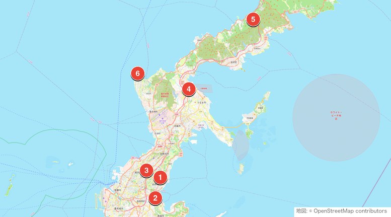 沖縄本島のショートコース6か所の位置マップ