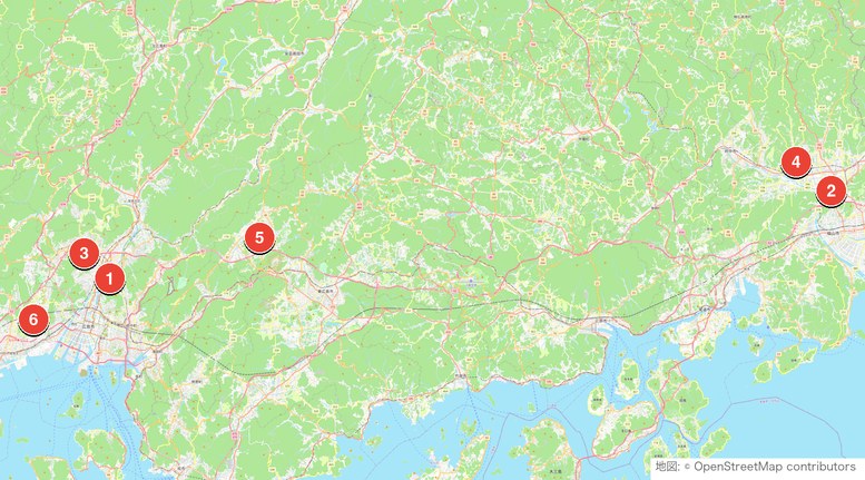 広島県のショートコース6施設の位置を示した地図