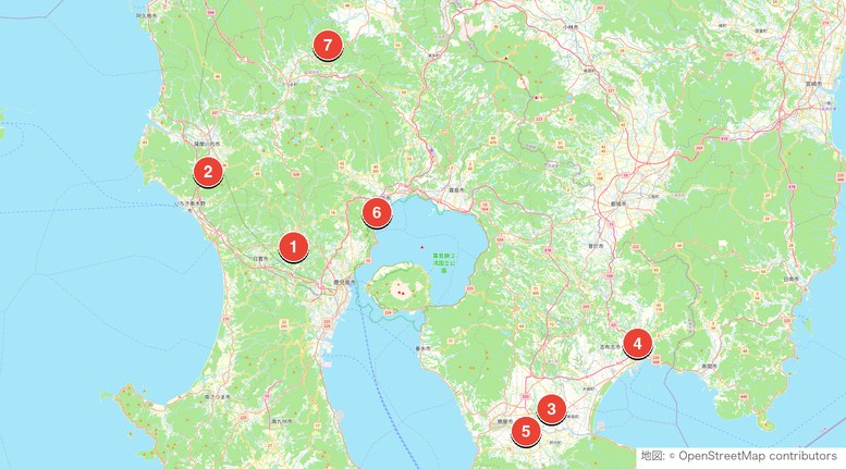 鹿児島県のショートコース7施設マップ