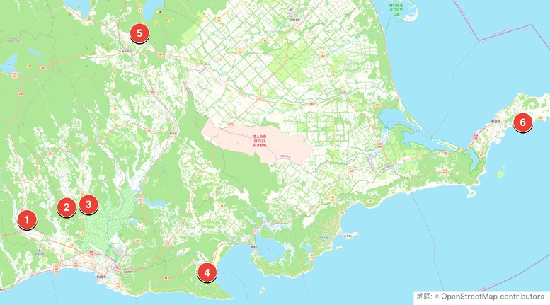 釧路・根室エリアのゴルフ場6コースの位置を示した地図