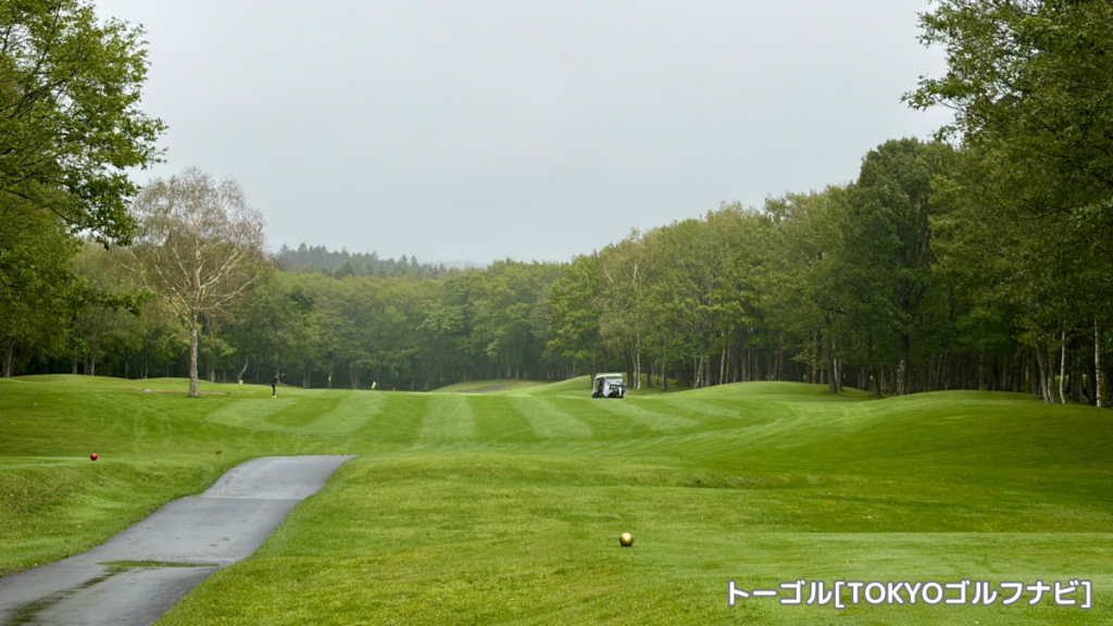 曇り空と濡れたカート道路が見える弟子屈カントリークラブ