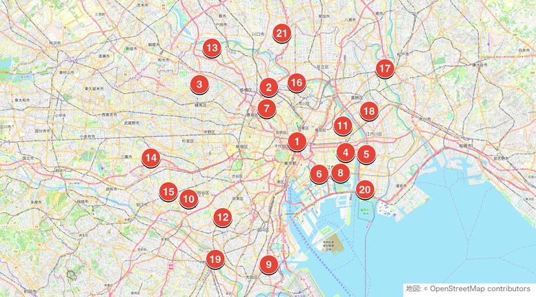 東京の打ちっぱなし21施設。番号は本文と共通