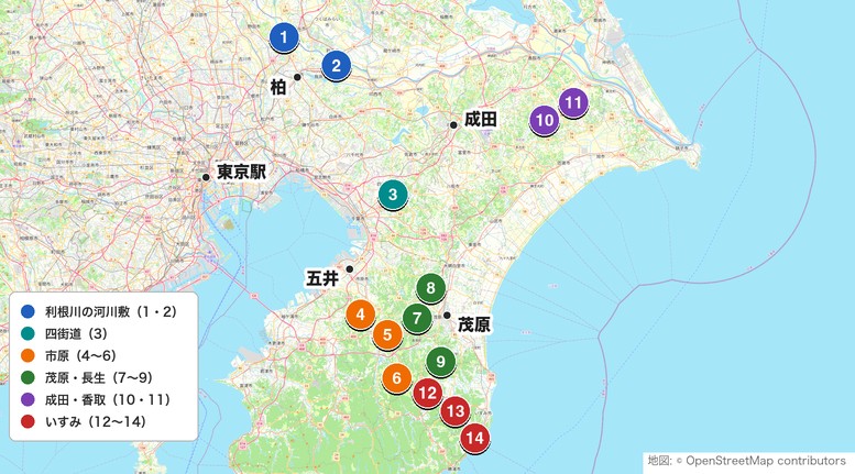 千葉の初心者におすすめのゴルフ場14コースの位置マップ