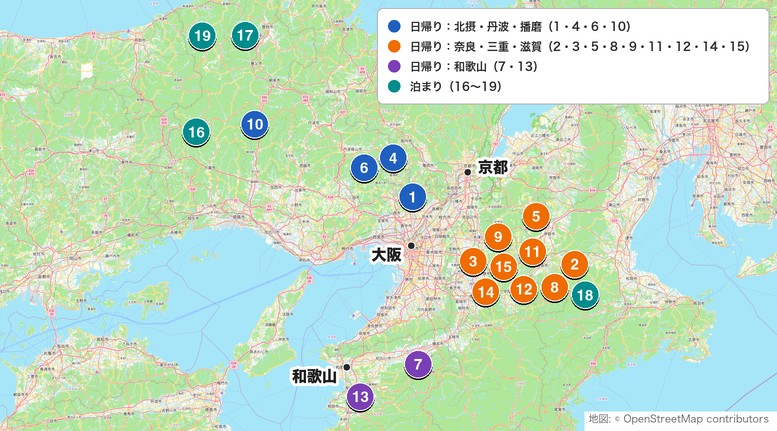 関西の涼しいゴルフ場19選マップ(標高の高い避暑コース)