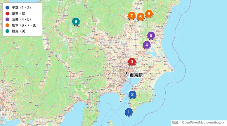 ゴルフ女子におすすめの関東のゴルフ場9コースの地図