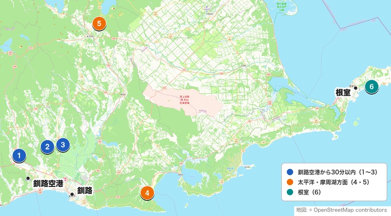 釧路・根室エリアのゴルフ場6コースの位置を示した地図