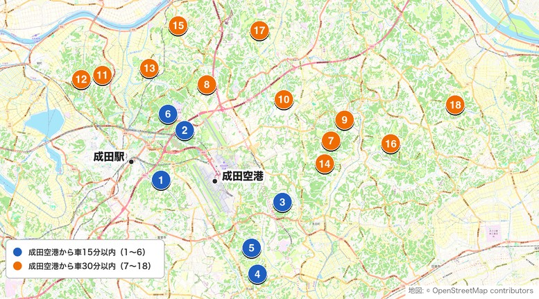 成田のゴルフ場18選の位置マップ