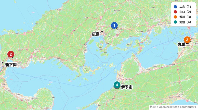 中国・四国でナイターゴルフができる4コースの地図