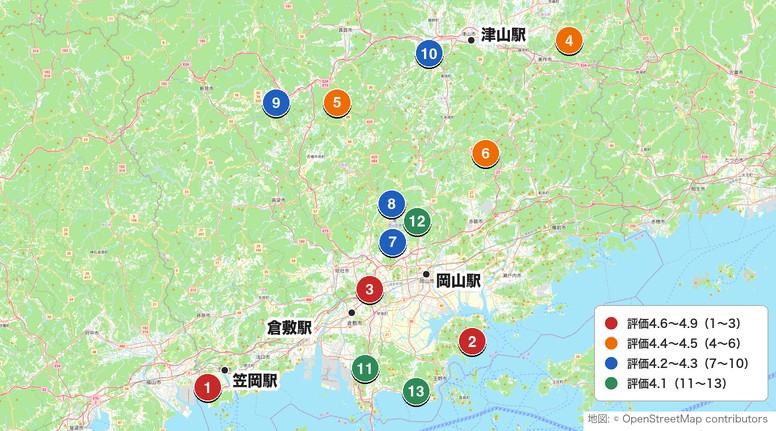 岡山の人気ゴルフ場マップ