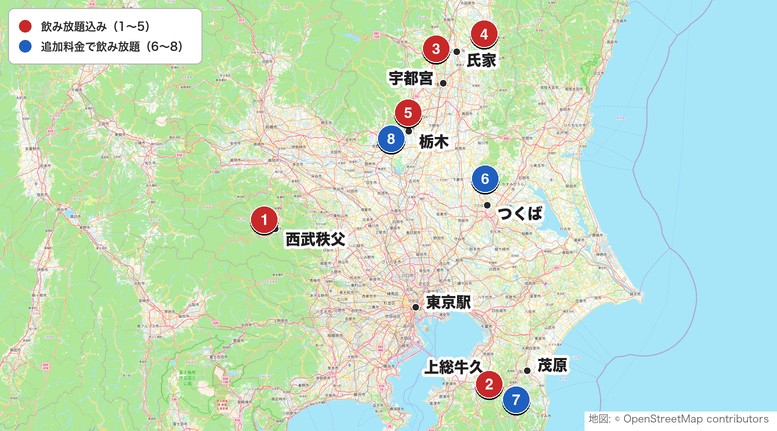 関東で昼食時に飲み放題できるゴルフ場マップ