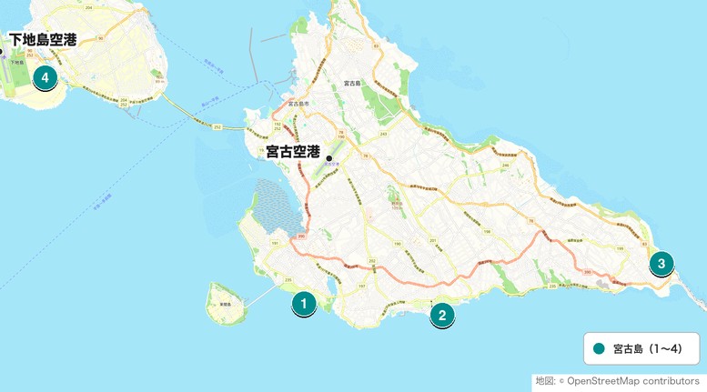 宮古島のゴルフ場4コースの地図
