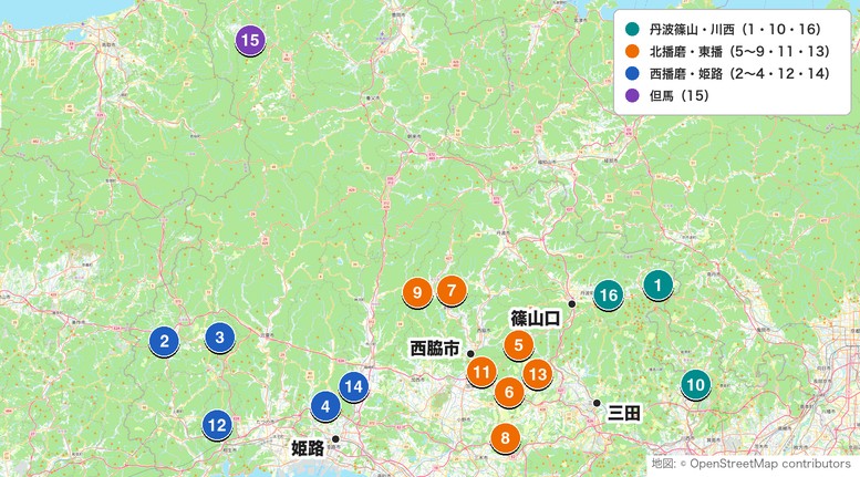 兵庫の格安ゴルフ場16場の位置