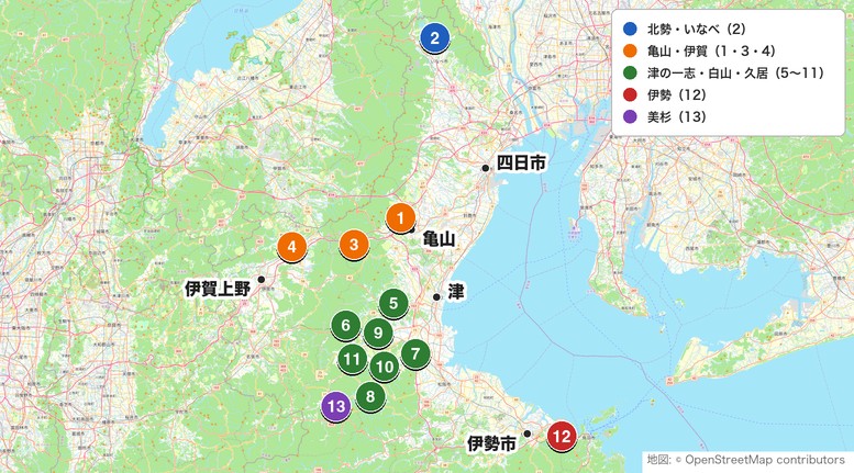 三重の安いゴルフ場13選の位置マップ