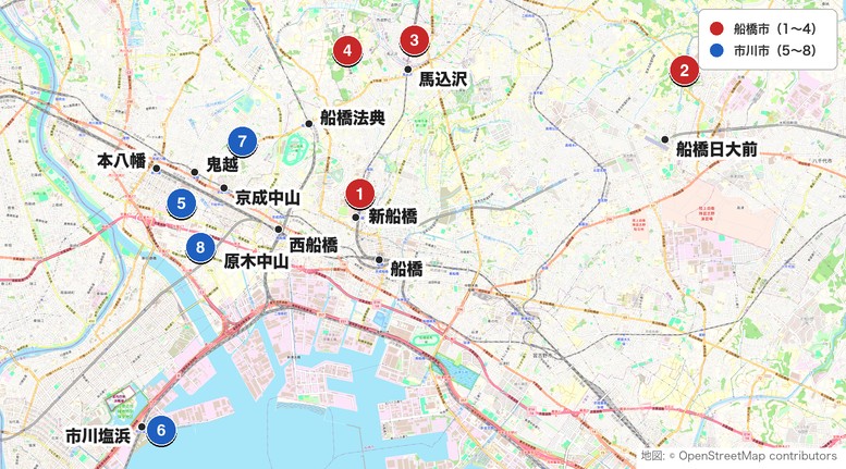 船橋・市川の打ちっぱなし8施設の地図
