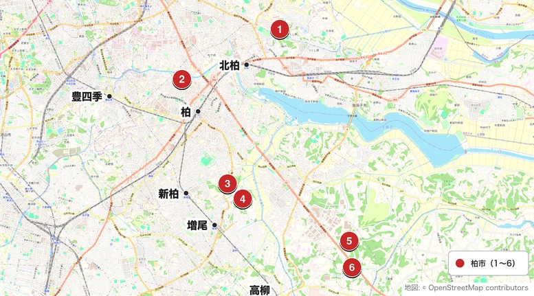 柏の打ちっぱなし6施設の地図