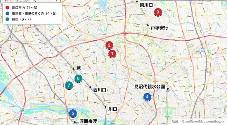 川口の打ちっぱなし7施設の地図