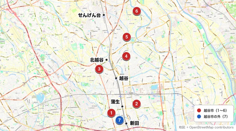 越谷の打ちっぱなし7施設の地図