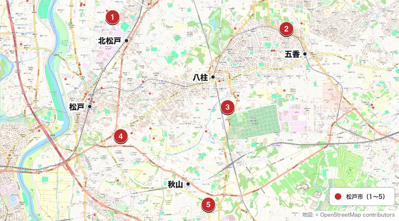 松戸の打ちっぱなし5施設の地図