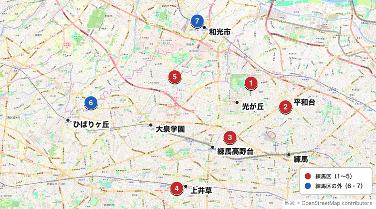 練馬の打ちっぱなし7施設の地図