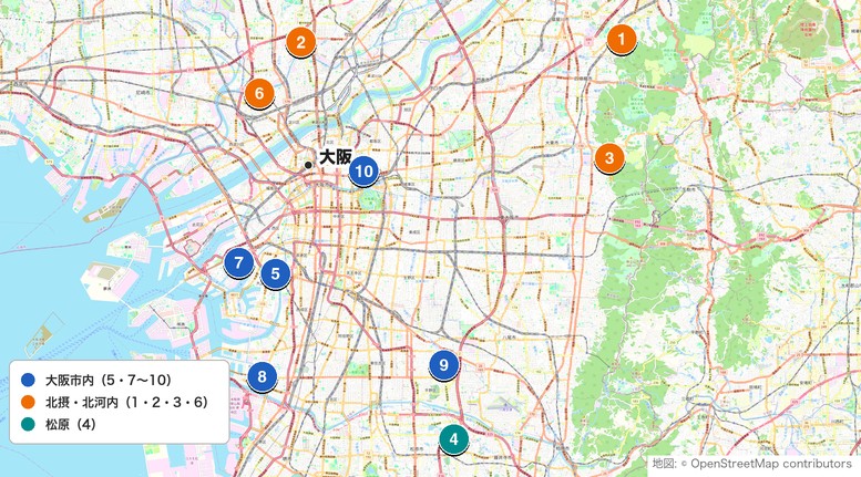 電車で行ける大阪の打ちっぱなし10施設の地図