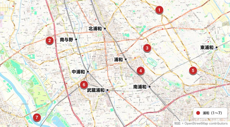 浦和の打ちっぱなし7施設の位置マップ