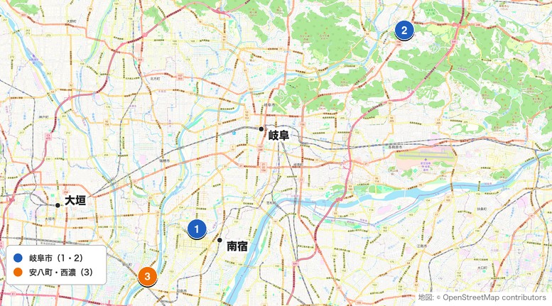 岐阜市周辺のショートコース3選マップ