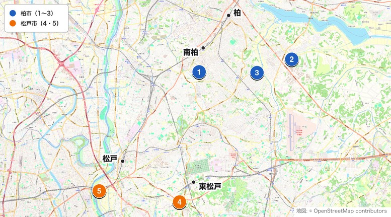 柏・松戸のショートコース5施設の位置マップ。番号は直下の一覧に対応