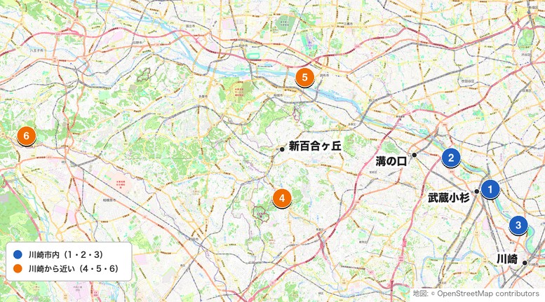 川崎周辺のショートコース6施設の位置マップ。番号は直下の一覧に対応