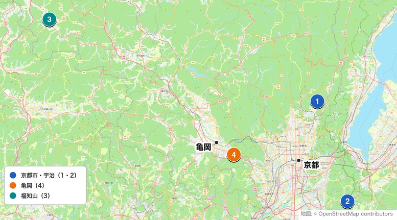 京都のショートコース4施設の地図