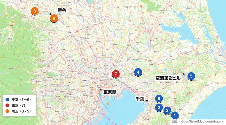 回り放題プランのあるショートコース9選のマップ（関東）